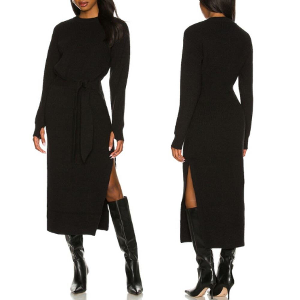 LPA x Revolve Tie Waist Slit Long Sleeve Ribbed Knit Sweater Dress Black